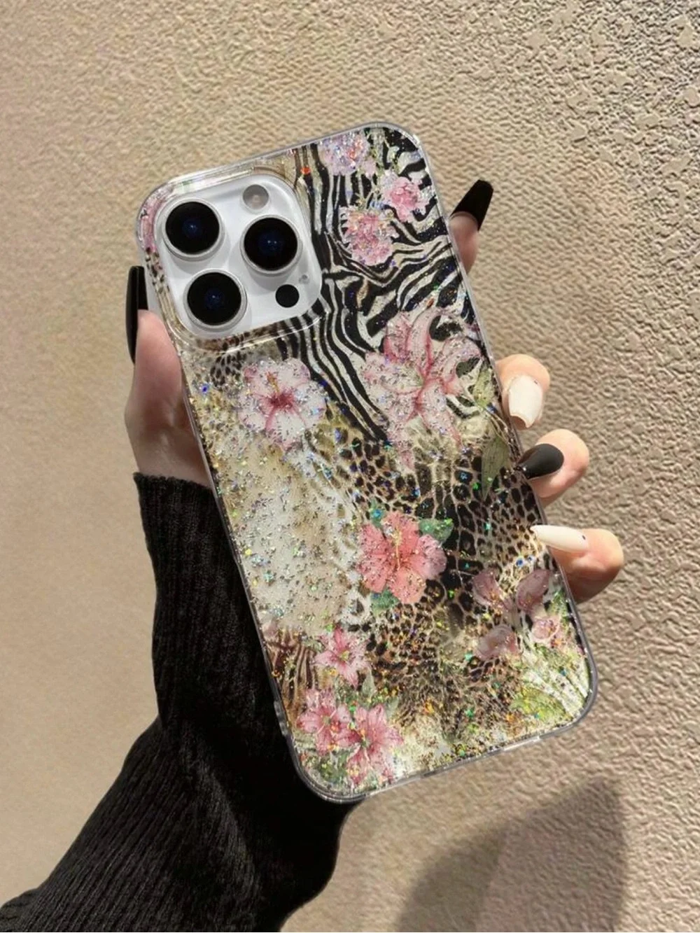 Floral Glitter Leopard Print Clear iPhone 15 Case - Pink